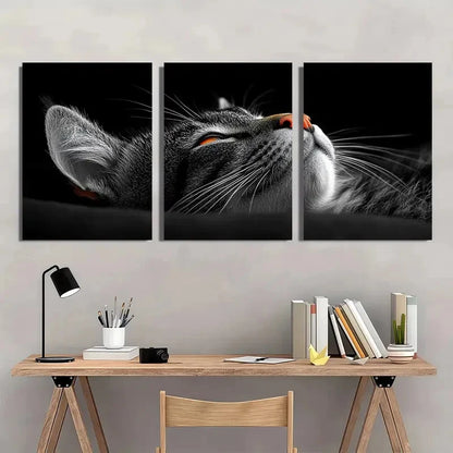 3pcs Black and White Whimsical Cat Wall Art Set Canvas Framed 50x70cm - High Quality Print 100% Australian Made Wall Canvas Ready to Hang - Bella Home Decor