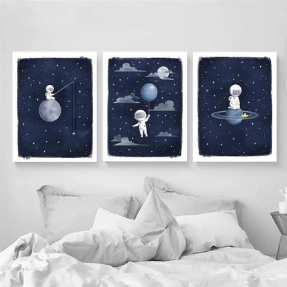3pcs Astronaut Space Art Blue Moon & Stars Metal Print Ready to Hang Art - Bella Home Decor