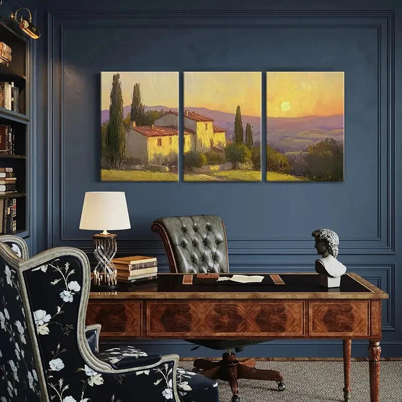 3pcs Tuscan Villa Sunset Landscape Warm Colors Metal Print Ready to Hang Art - Bella Home Decor