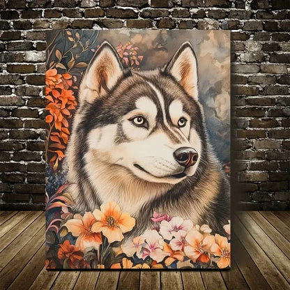 Stunning Alaskan Malamute Dog with Vibrant Floral 40x60cm Metal Print Ready to Hang - Bella Home Decor