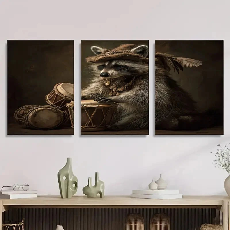 3pcs Whimsical Raccoon Playing Bongos Wall Art Set Canvas Framed 40x60cm - High Quality Print 100% Australian Made Wall Canvas Ready to Hang