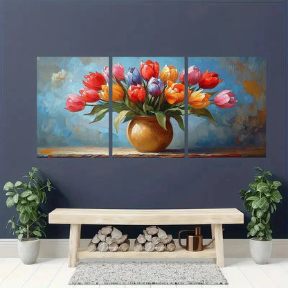 3pcs Tulips in a Vase Oil Impasto Painting Metal Print Ready to Hang Art - Bella Home Decor