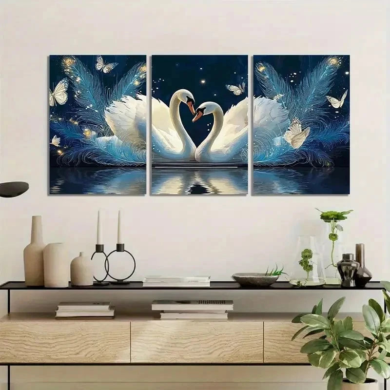 3pcs Romantic Swan Love Painting with Heart-Shape Metal Print Ready to Hang Art - Bella Home Decor
