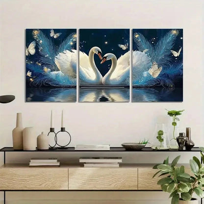 3pcs Romantic Swan Love Painting with Heart-Shape Metal Print Ready to Hang Art - Bella Home Decor
