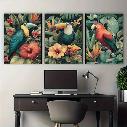 3pcs Tropical Birds in Floral Nature Scenery Wall Art Set Canvas Framed 40x60cm - High Quality Print 100% Australian Made Wall Canvas Ready to Hang