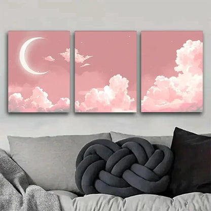 3pcs Pink Moon & Clouds Starrcy Sky Perfect Wall Art Set Canvas Framed 40x60cm - High Quality Print 100% Australian Made Wall Canvas Ready to Hang - Bella Home Decor