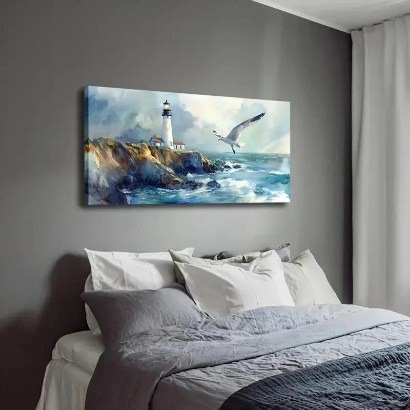Coastal Serenity Lighthouse Wall Art Canvas Office Home Room Framed 120x60cm - Bella Home Decor