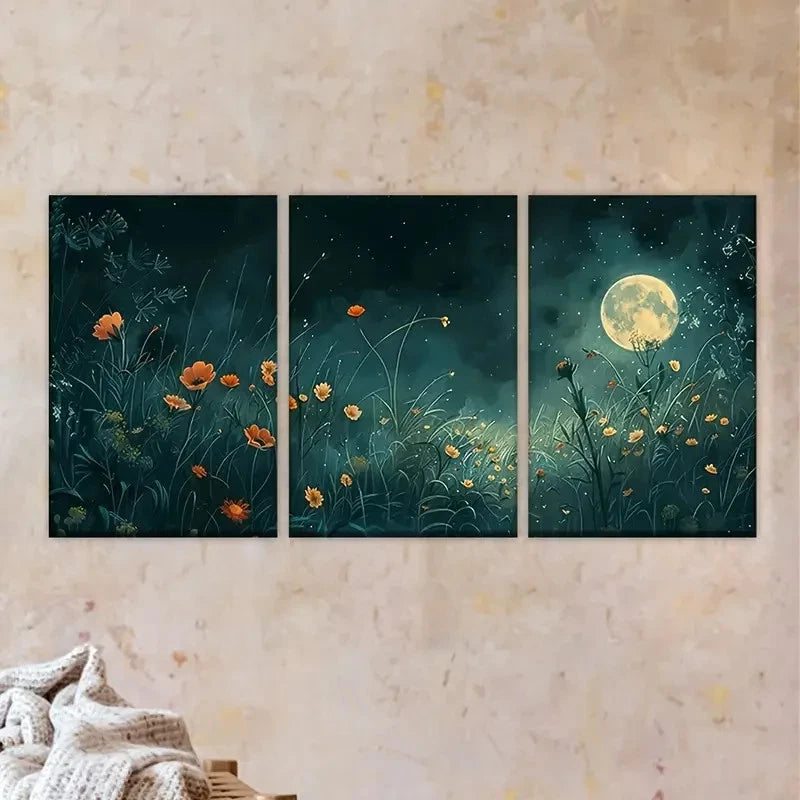 3pcs Enchanting Flowers Illuminated by The Moon Wall Art Set Canvas Framed 40x60cm - High Quality Print 100% Australian Made Wall Canvas Ready to Hang