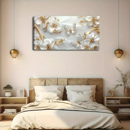 Golden Butterfly & White Flower Wall Art Canvas Office Home Room Framed 120x60cm - Bella Home Decor
