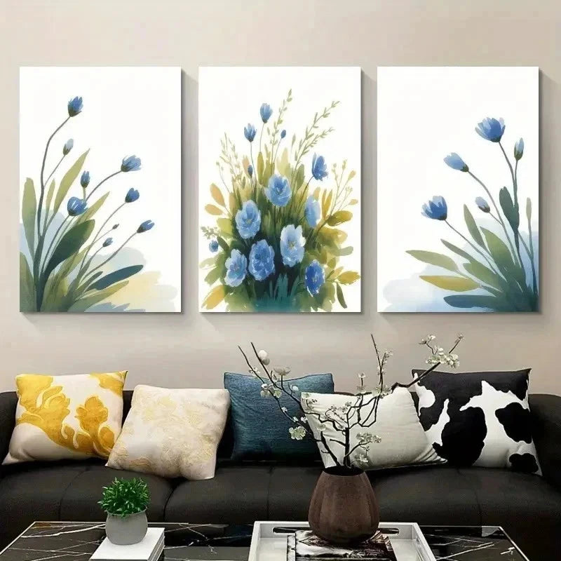 3pcs Blue Flowers & Green Leaves Wall Art Set Canvas Framed 60x90cm - High Quality Print 100% Australian Made Wall Canvas Ready to Hang - Bella Home Decor