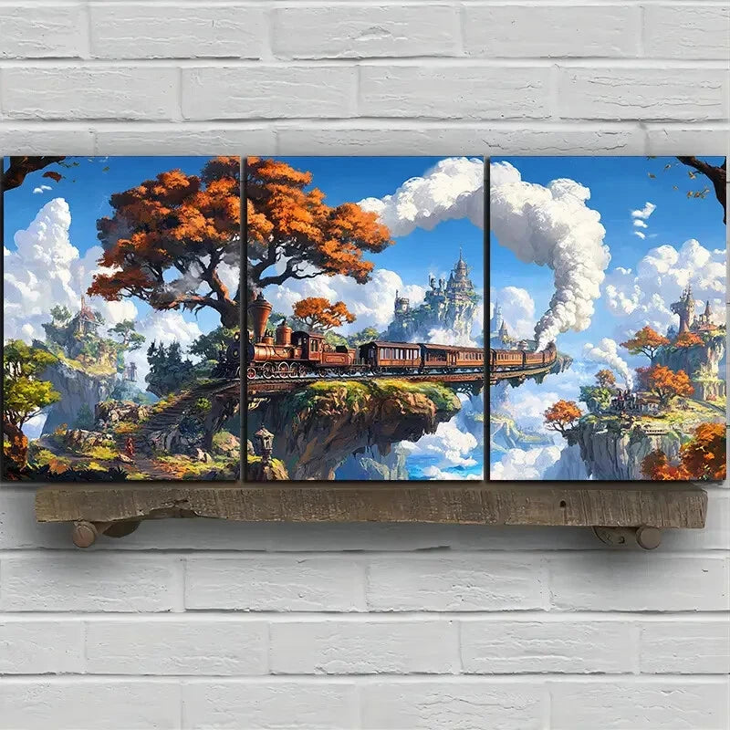 3pcs Freight Train Big Trees White Clouds Metal Print Ready to Hang Art - Bella Home Decor