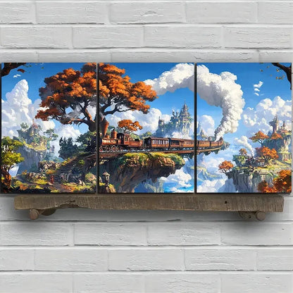 3pcs Freight Train Big Trees White Clouds Metal Print Ready to Hang Art - Bella Home Decor