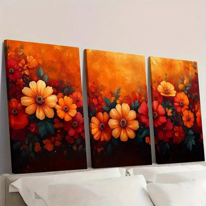 3pcs  Vibrant Autumn Flowers in Orange, Yellow  Wall Art Set Canvas Framed 40x60cm - High Quality Print 100% Australian Made Wall Canvas Ready to Hang - Bella Home Decor