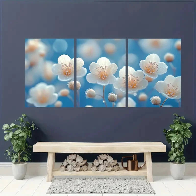 3pcs Elegant White Flower Serene Blue Background Metal Print Ready to Hang Art