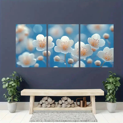 3pcs Elegant White Flower Serene Blue Background Metal Print Ready to Hang Art