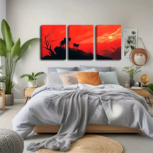 3pcs Red Sky And Black Cat Wall Art Canvas Unframed - High Quality Print 100% Australian Made Wall Canvas