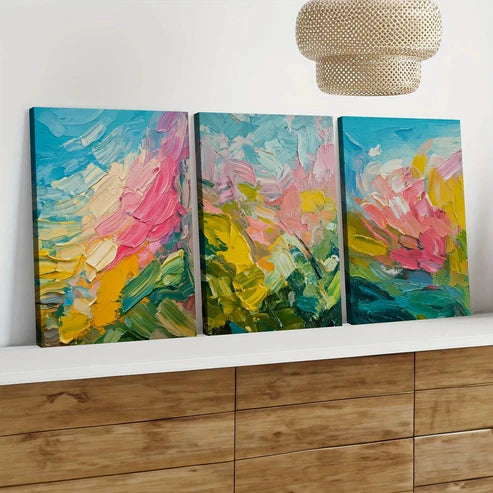 3pcs Abstract Art Blue Pink Yellow Nature Wall Art Set Canvas Unframed - High Quality Print 100% Australian Made Wall Canvas