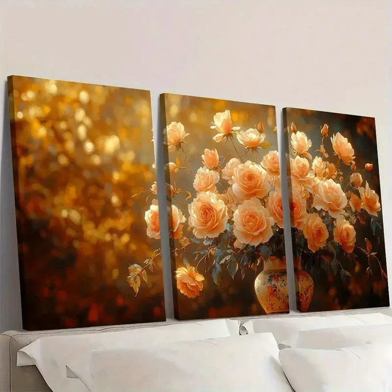 3pcs Elegant Golden Rose Floral Art T  Wall Art Set Canvas Framed 60x90cm - High Quality Print 100% Australian Made Wall Canvas Ready to Hang