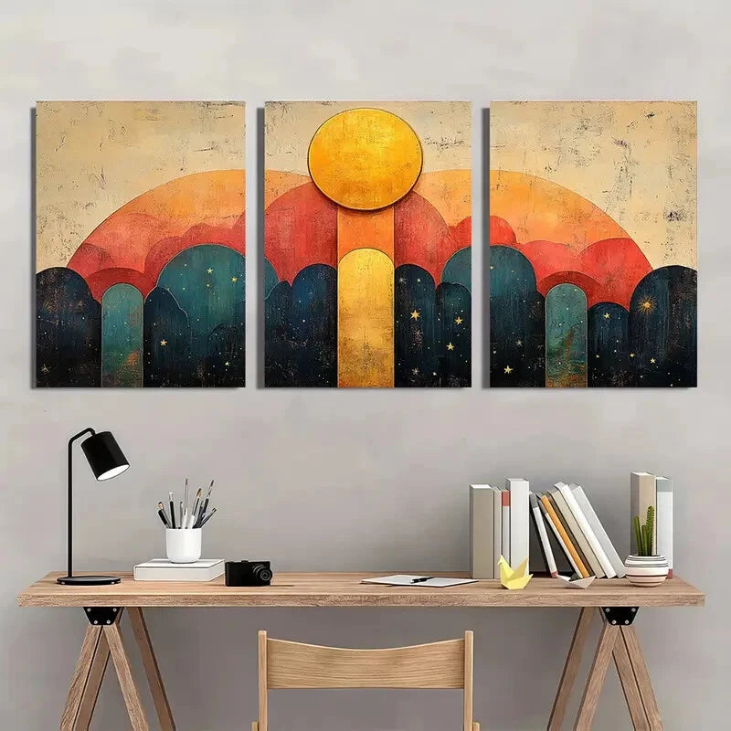3pcs Abstract Vibrant Geometric Moon & Stars Metal Print Ready to Hang Art - Bella Home Decor