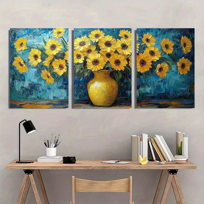 3pcs Yellow Vase Flower Famous Painting Metal Print Ready to Hang Art - Bella Home Decor