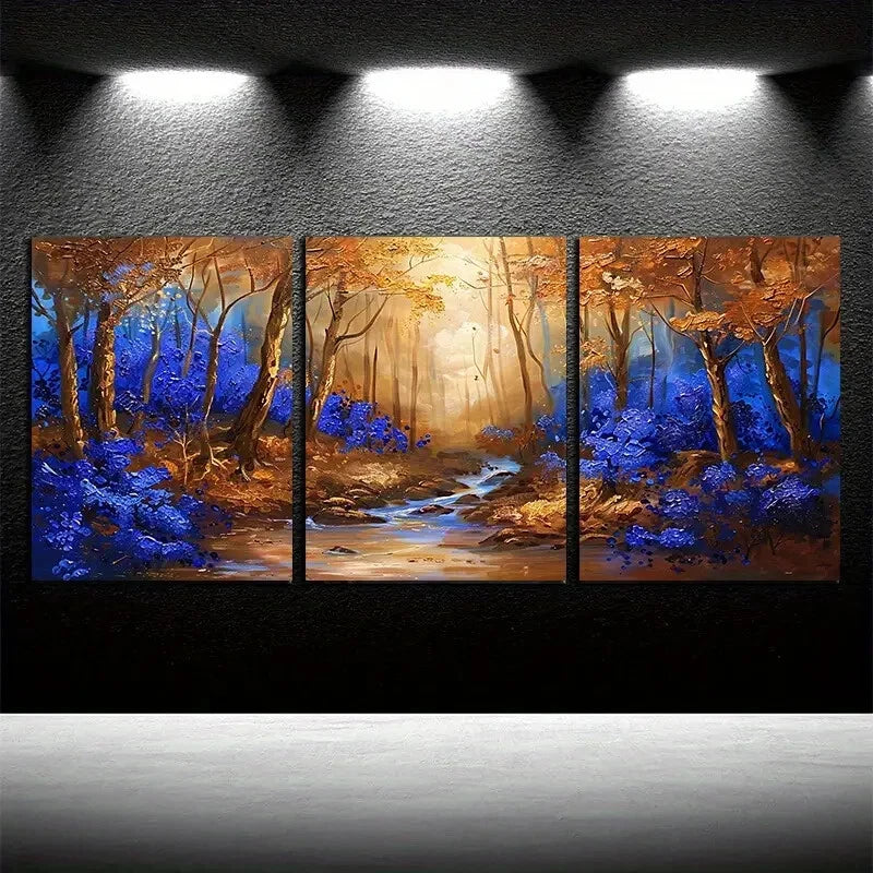 3pcs Fairy Tale Forest with Blue Floral Metal Print Ready to Hang Art - Bella Home Decor