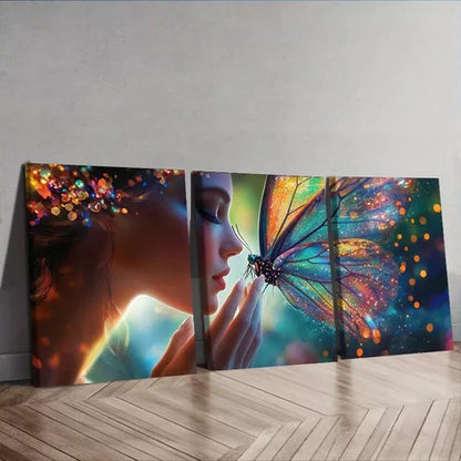 3 PCS Butterfly Resting On Woman’s Face Wall Art Set Canvas Unframed - High Quality Print 100% Australian Made Wall Canvas - Bella Home Decor