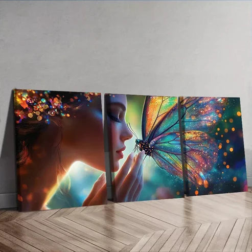 3 PCS Butterfly Resting On Woman’s Face Wall Art Set Canvas Unframed - High Quality Print 100% Australian Made Wall Canvas
