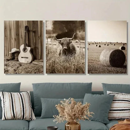 3pcs Vintage Highland Cow & Guitar Wall Art Set Canvas Unframed - High Quality Print 100% Australian Made Wall Canvas