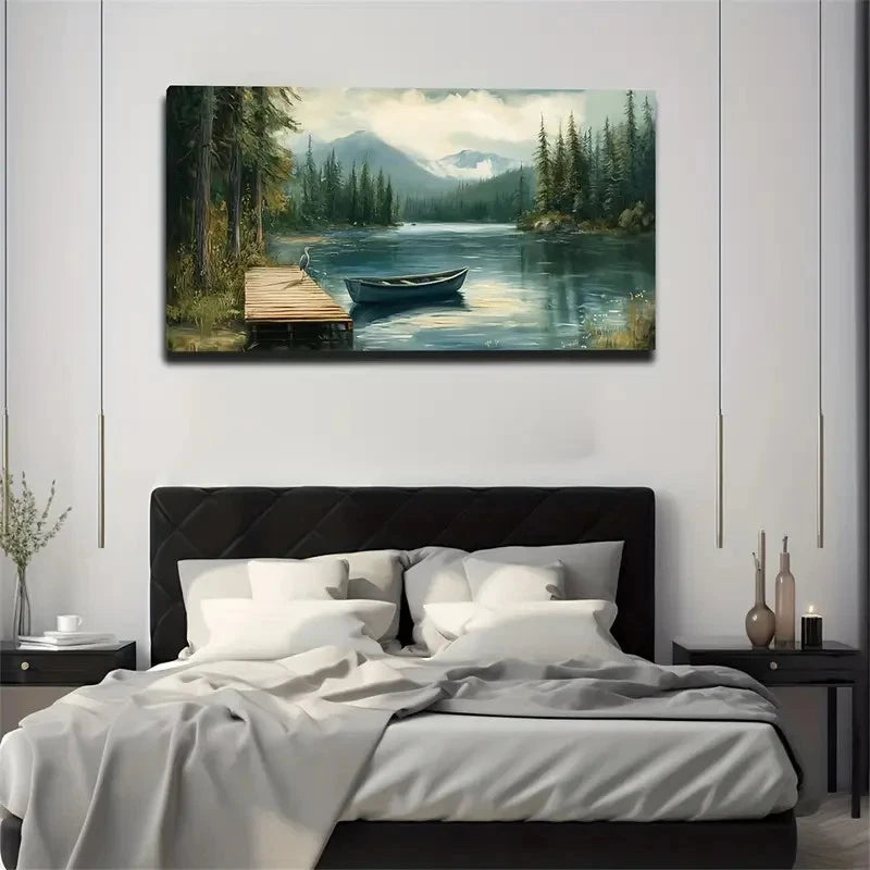 A Small Wooden Boat On Lake Wall Art Canvas Office Home Room Framed 120x60cm