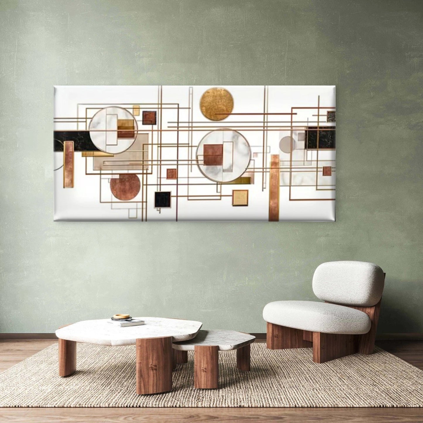 Black White Golden Copper Circles Squares Wall Art Canvas Office Home Room Framed 120x60 cm