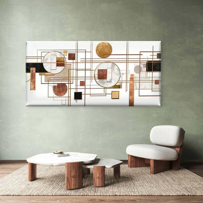 Black White Golden Copper Circles Squares Wall Art Canvas Office Home Room Framed 120x60 cm