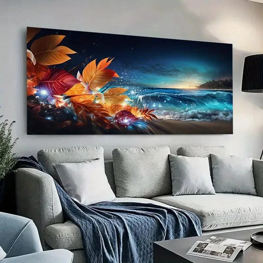 Sunset Beach and Leaves wall canvas office home room framed 120x60cm - Bella Home Decor