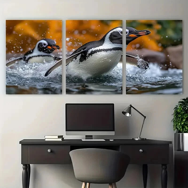 3pcs African Black Footed Penguin Swimming Sea Metal Print Ready to Hang Art - Bella Home Decor