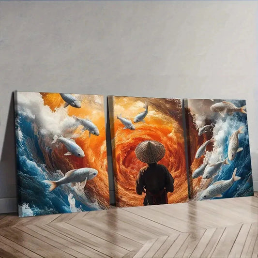 3pcs Fisherman, Koi Water Wall Art Set Canvas Framed 40x60cm - High Quality Print 100% Australian Made Wall Canvas Ready to Hang