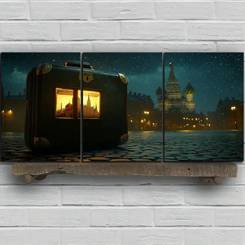 3pcs Luggage on Street Night Scene Metal Print Ready to Hang Art - Bella Home Decor