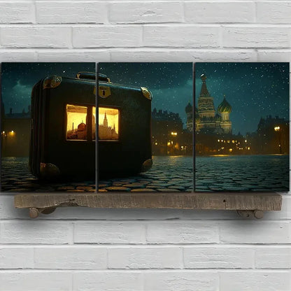 3pcs Luggage on Street Night Scene Metal Print Ready to Hang Art - Bella Home Decor