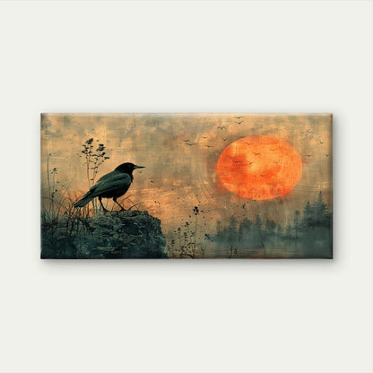 Crow And Red Sun Gothic Painting Wall Art Canvas Office Home Framed 120x60cm