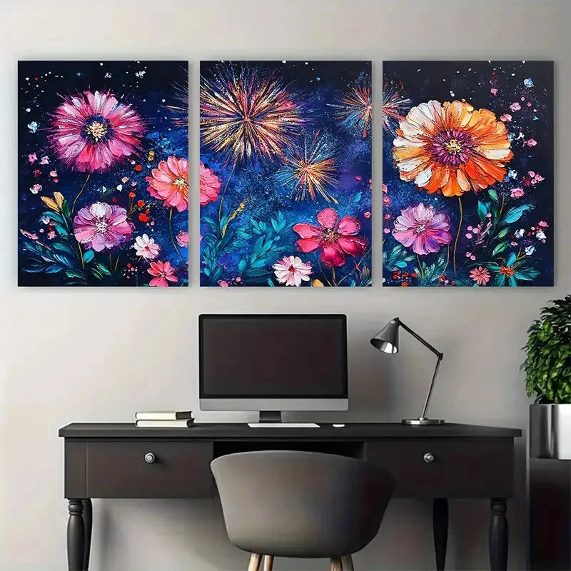 3pcs Festival Celebration Colorful Floral Metal Print Ready to Hang Art - Bella Home Decor