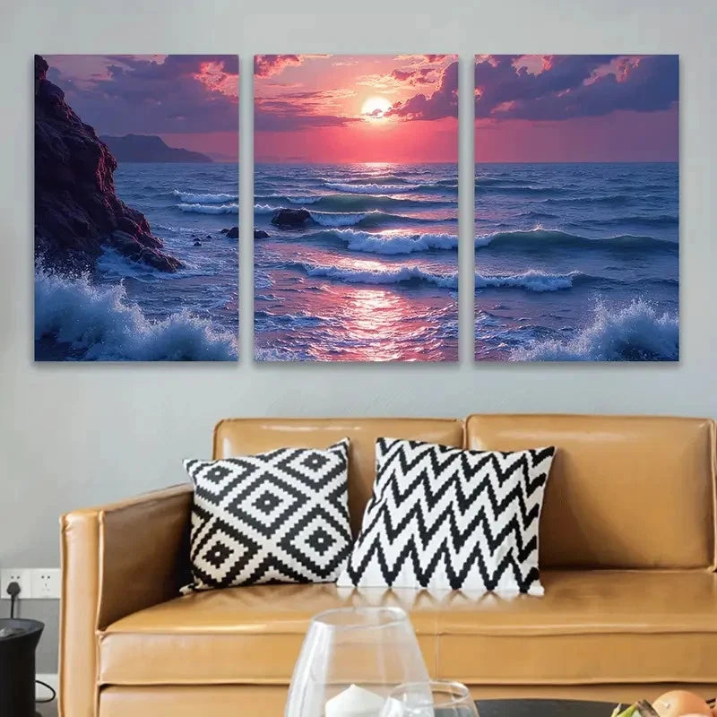 3pcs Sunset Beach Scene With Ocean Waves Wall Art Set Canvas Framed 60x90cm - High Quality Print 100% Australian Made Wall Canvas Ready to Hang