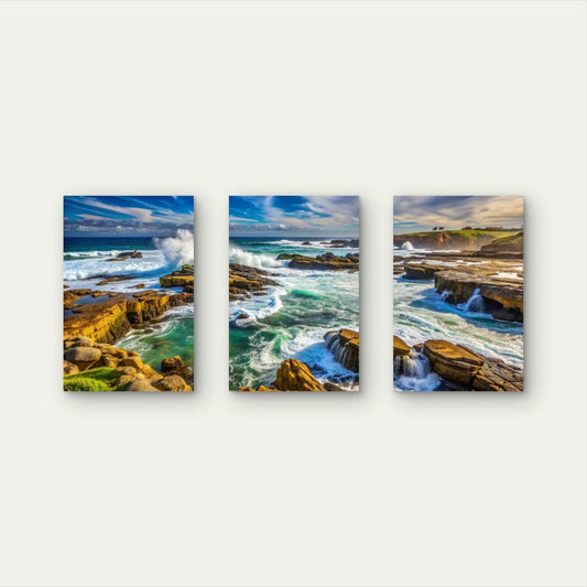 3pcs Crashing Ocean Waves Rocky Blue Wall Art Set Canvas Framed 40x60cm - High Quality Print 100% Australian Made Wall Canvas Ready to Hang