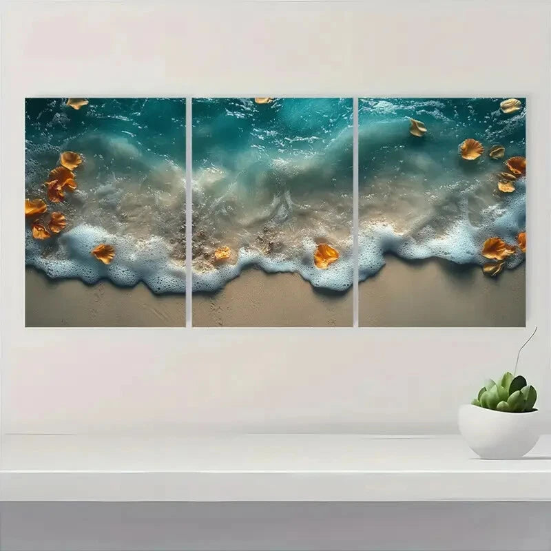 3pcs Beach Waves Ocean Sand Design Metal Print Ready to Hang Art - Bella Home Decor