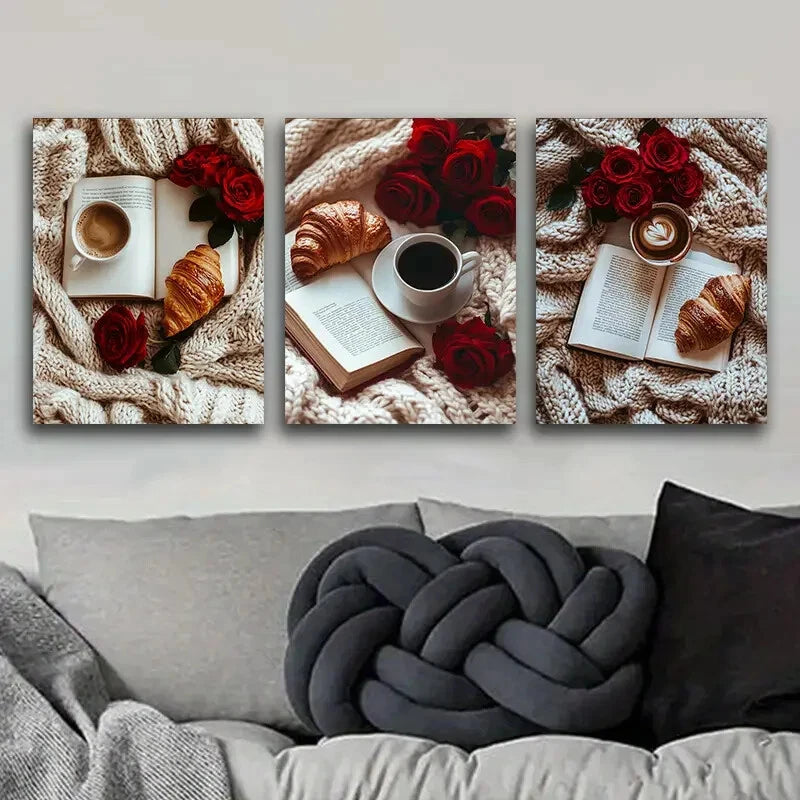 3pcs A book, red roses, bread Metal Print Ready to Hang Art