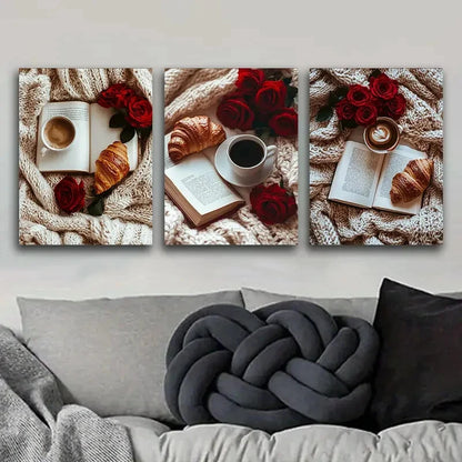 3pcs A book, red roses, bread Metal Print Ready to Hang Art