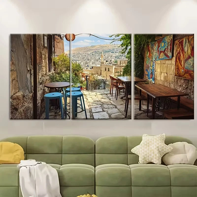 3pcs Cultural Coffee Scene in Irbid Metal Print Ready to Hang Art - Bella Home Decor