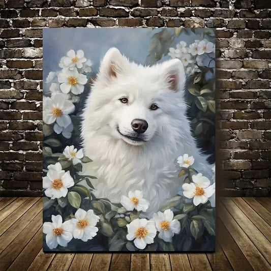 Cute Samoyed Dog with Floral Wreath Painting 40x60cm Metal Print Ready to Hang - Bella Home Decor
