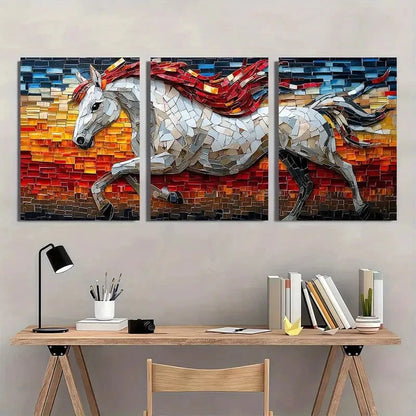 3pcs Mosaic Horse Vibrant Blue Red & Golden Wall Art Set Canvas Framed 40x60cm - High Quality Print 100% Australian Made Wall Canvas Ready to Hang