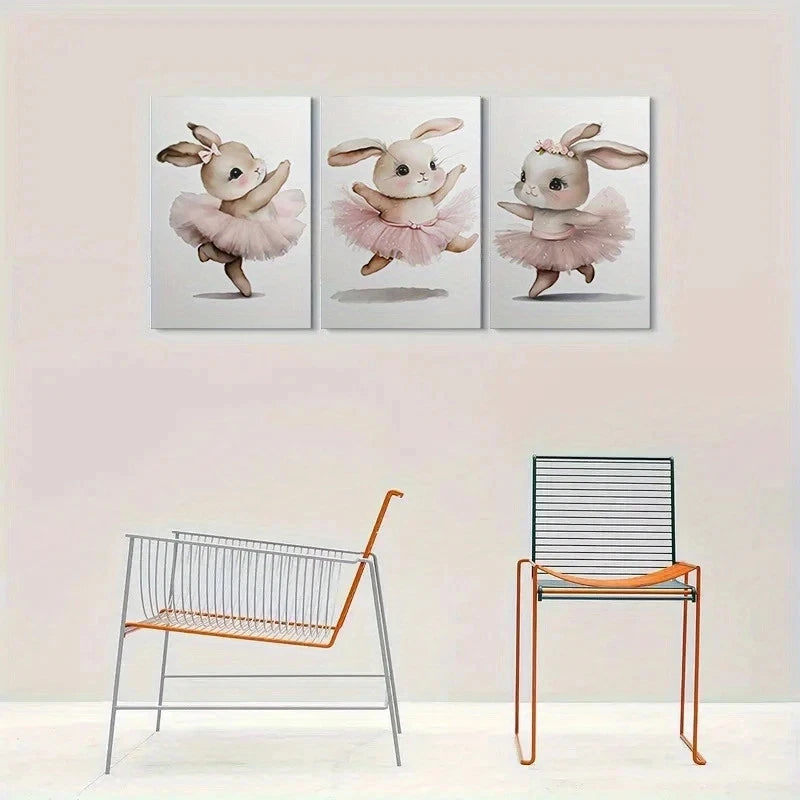 3pcs Adorable Bunny Ballerina Cute Animal Metal Print Ready to Hang Art - Bella Home Decor