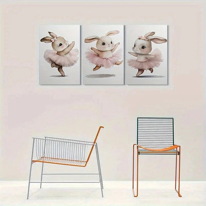 3pcs Adorable Bunny Ballerina Cute Animal Metal Print Ready to Hang Art - Bella Home Decor