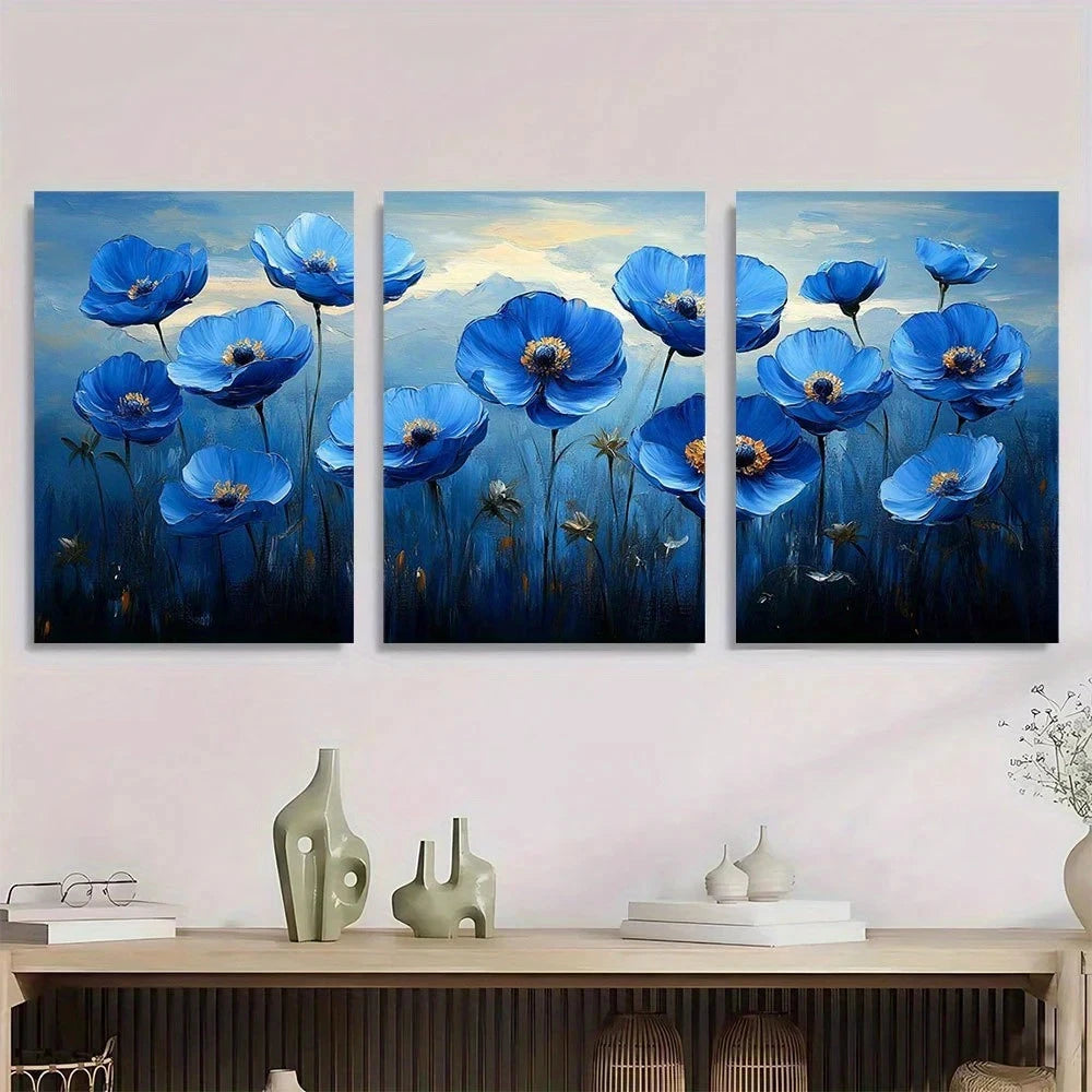 3pcs Modern Abstract Blue Waterflowers Metal Print Ready to Hang Art - Bella Home Decor