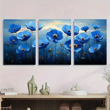 3pcs Modern Abstract Blue Waterflowers Metal Print Ready to Hang Art - Bella Home Decor